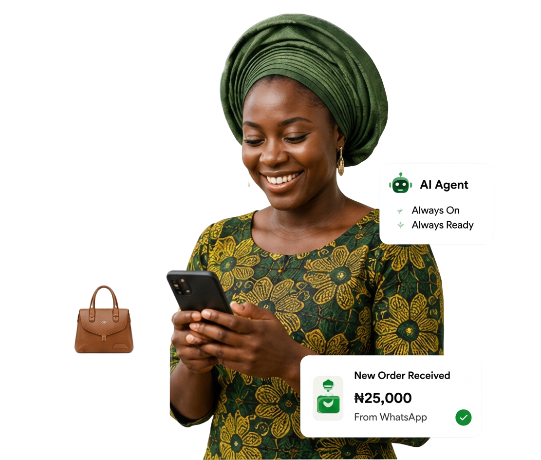 Nigerian business owner chatting with customers on WhatsApp while AI handles sales, bookings and payments